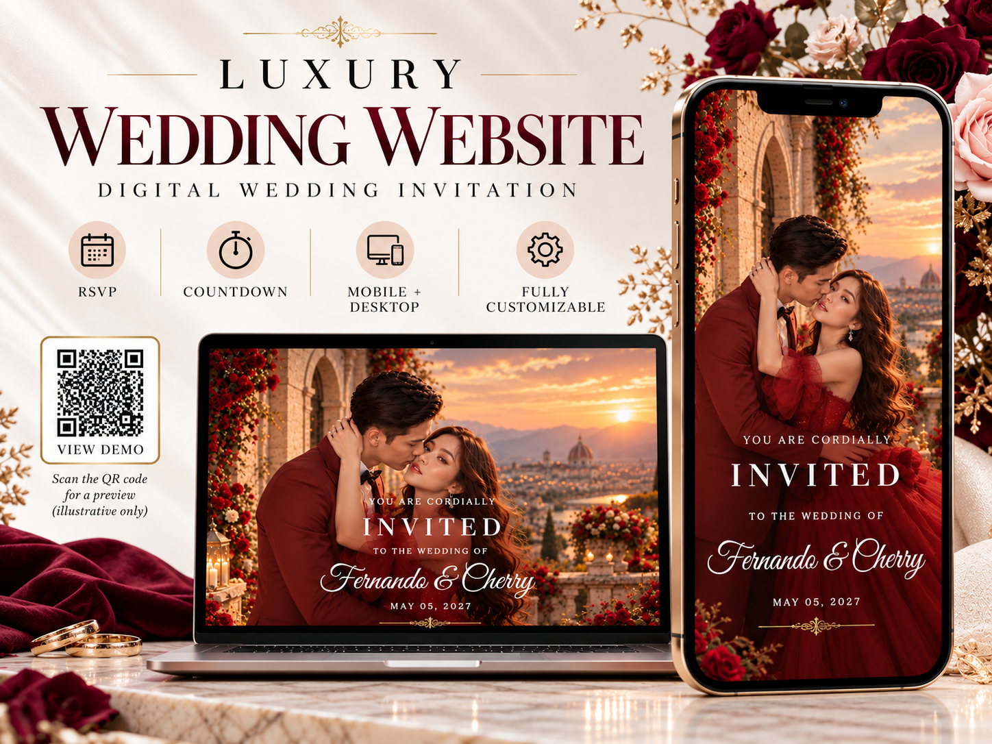 Luxury wedding website shown on laptop and phone